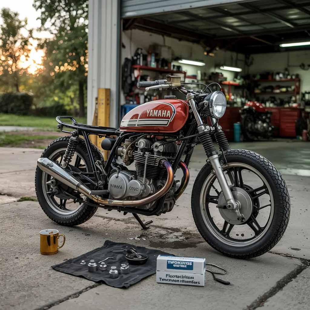 Yamaha RD350 re launch tuning in a gritty garage.